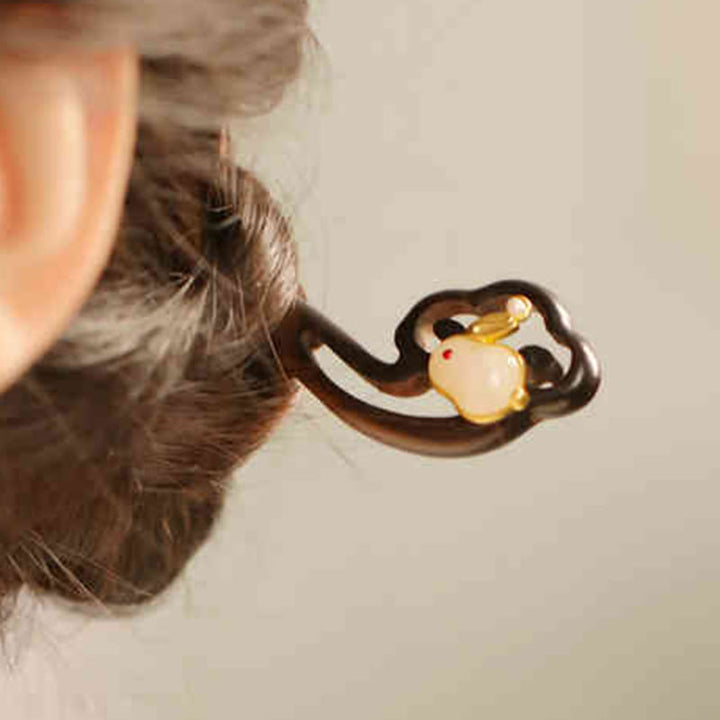 Buddha Stones Auspicious Cloud Sandalwood Rabbit Protection Hairpin - image 5