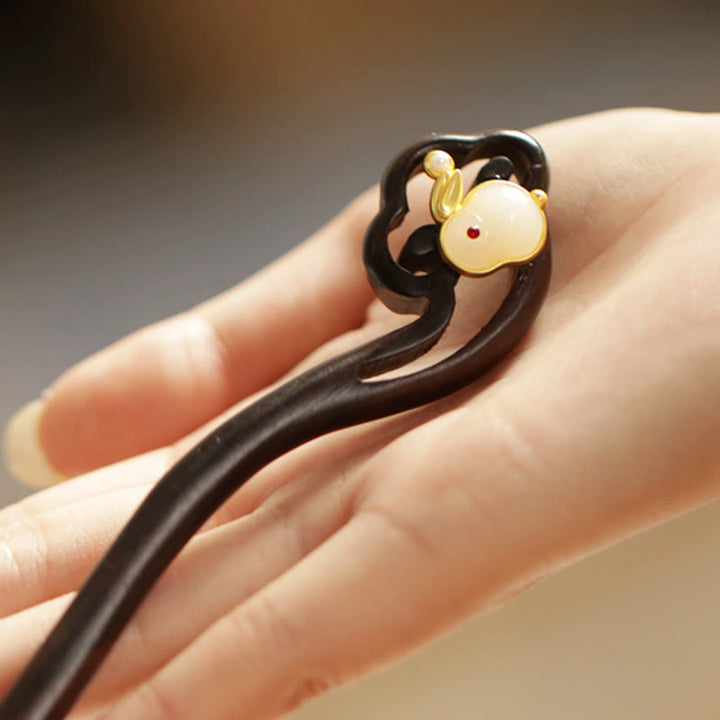 Buddha Stones Auspicious Cloud Sandalwood Rabbit Protection Hairpin - image 4