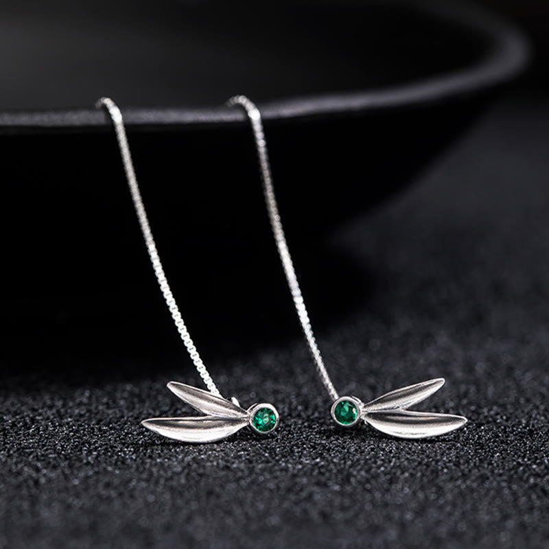 Buddha Stones 925 Sterling Silver Zircon Pearl Bamboo Leaves Protection Drop Earrings - image 4