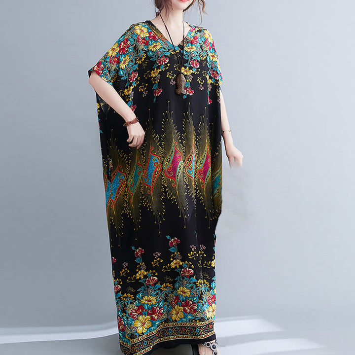 Buddha Stones Casual Loose Printing Flower Pattern V-Neck Half Sleeve Design Polyester Midi Dress With Pockets - image 2