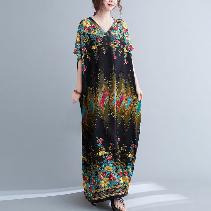 Buddha Stones Casual Loose Printing Flower Pattern V-Neck Half Sleeve Design Polyester Midi Dress With Pockets - image 3