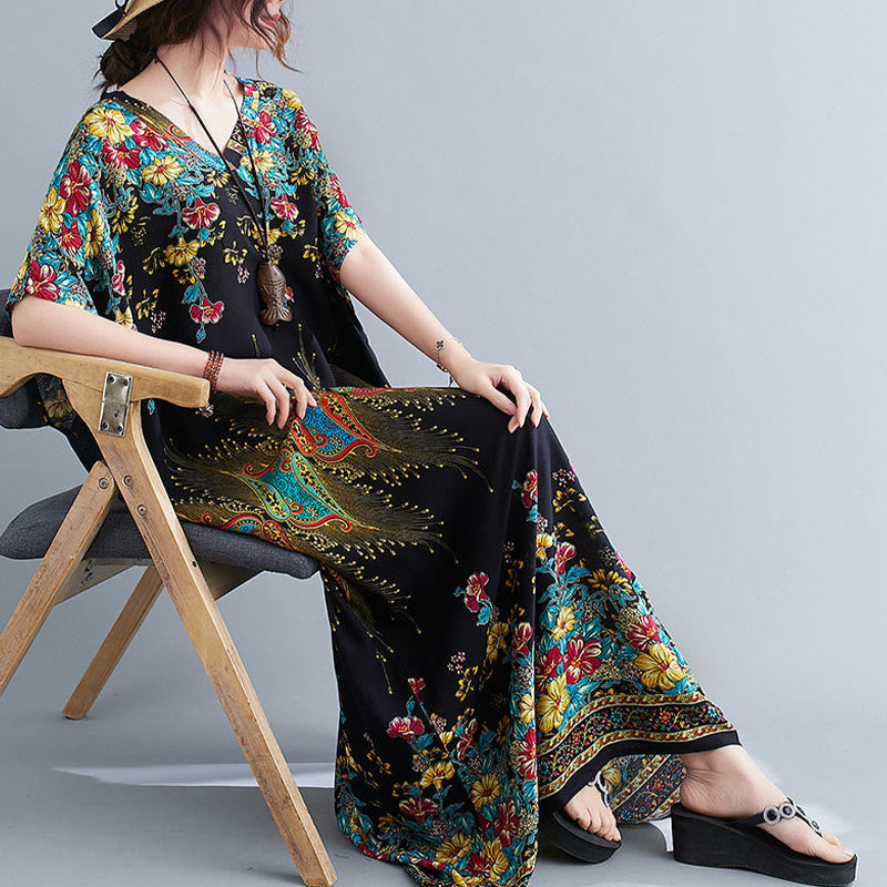 Buddha Stones Casual Loose Printing Flower Pattern V-Neck Half Sleeve Design Polyester Midi Dress With Pockets - image 4