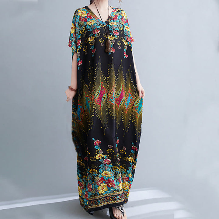 Buddha Stones Casual Loose Printing Flower Pattern V-Neck Half Sleeve Design Polyester Midi Dress With Pockets - image 7