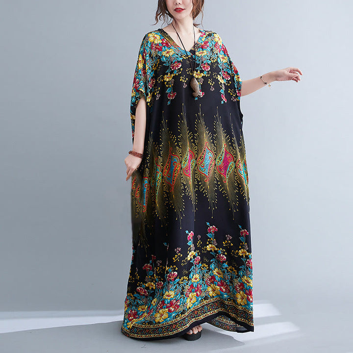 Buddha Stones Casual Loose Printing Flower Pattern V-Neck Half Sleeve Design Polyester Midi Dress With Pockets - image 8