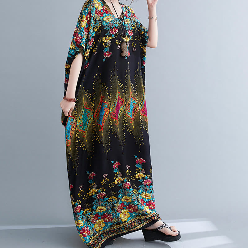 Buddha Stones Casual Loose Printing Flower Pattern V-Neck Half Sleeve Design Polyester Midi Dress With Pockets - image 1