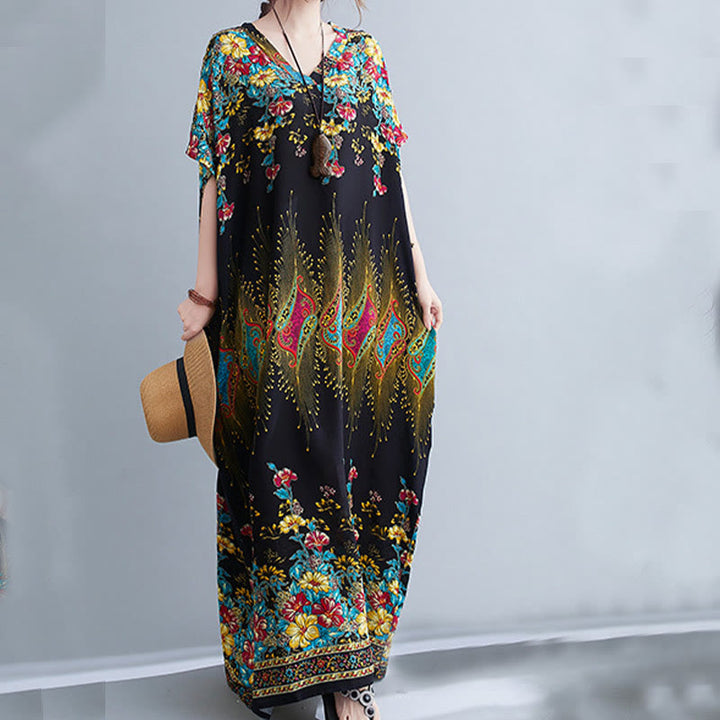 Buddha Stones Casual Loose Printing Flower Pattern V-Neck Half Sleeve Design Polyester Midi Dress With Pockets - image 6