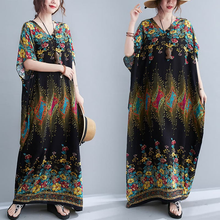 Buddha Stones Casual Loose Printing Flower Pattern V-Neck Half Sleeve Design Polyester Midi Dress With Pockets - Black - US4-12，UK/AU8-16，EU36-44 (F) - image 0