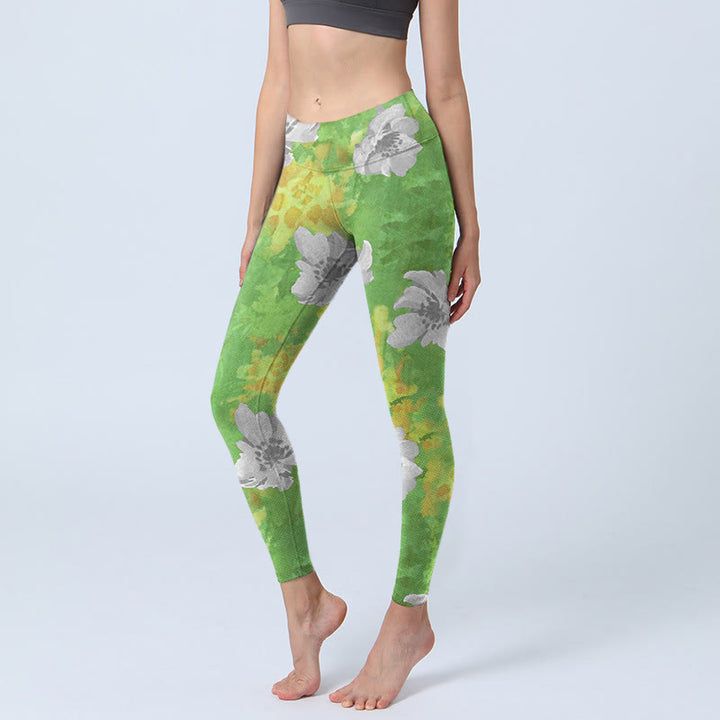 Buddha Stones Yellow-green Gray Flowers Print Sports Fitness Leggings Women's Yoga Pants - YellowGreen - US18，UK/AU22，EU50 (4XL) - image 0