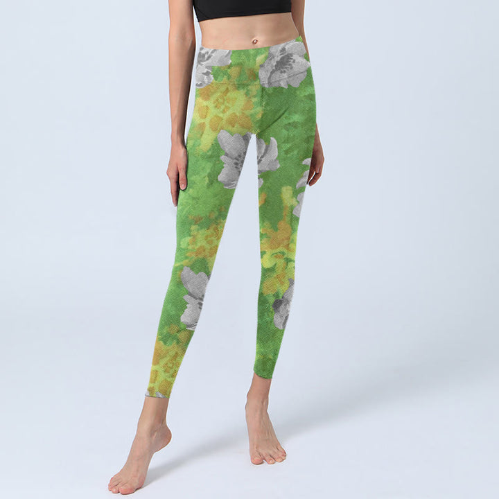 Buddha Stones Yellow-green Gray Flowers Print Sports Fitness Leggings Women's Yoga Pants - image 5