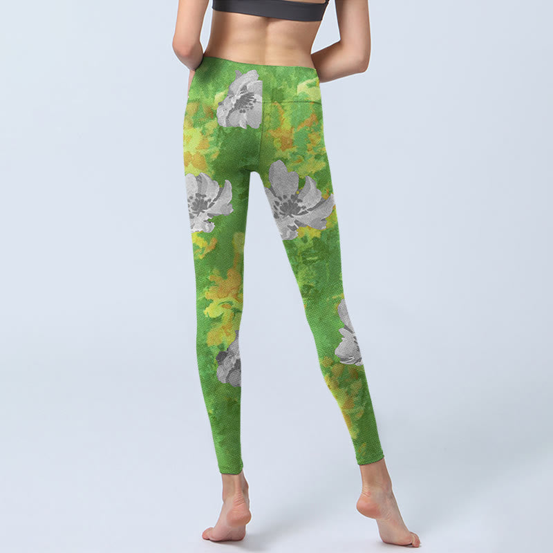 Buddha Stones Yellow-green Gray Flowers Print Sports Fitness Leggings Women's Yoga Pants - image 6
