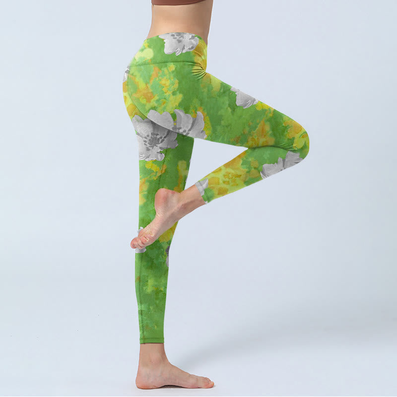 Buddha Stones Yellow-green Gray Flowers Print Sports Fitness Leggings Women's Yoga Pants - image 3