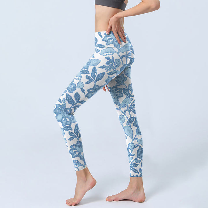 Buddha Stones Pale Blue Flowers Leaves Print Sports Fitness Leggings Women's Yoga Pants - image 2