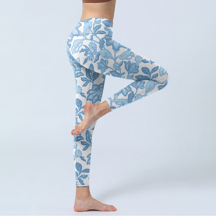 Buddha Stones Pale Blue Flowers Leaves Print Sports Fitness Leggings Women's Yoga Pants - image 3