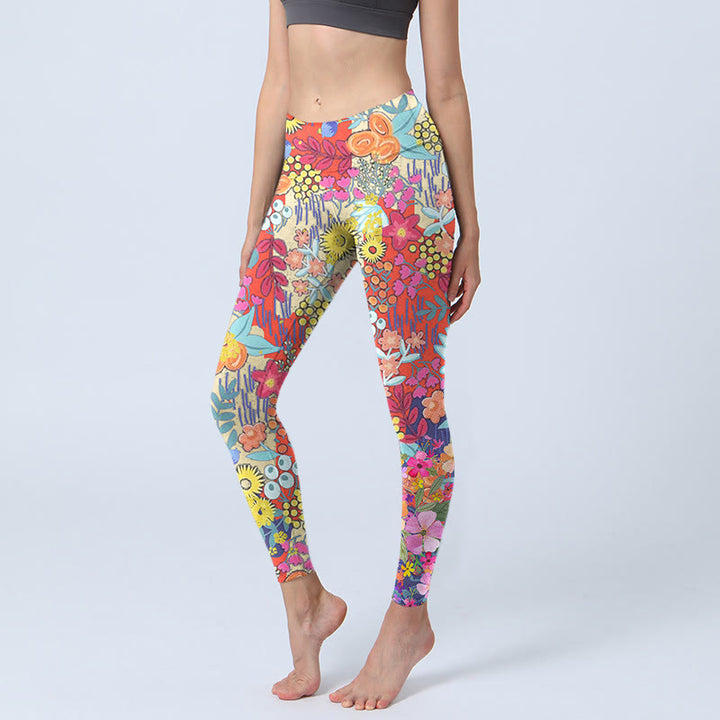 Buddha Stones Colorful Flowers Leaves Print Gym Fitness Leggings Women's Yoga Pants - PaleVioletRed - US18，UK/AU22，EU50 (4XL) - image 0