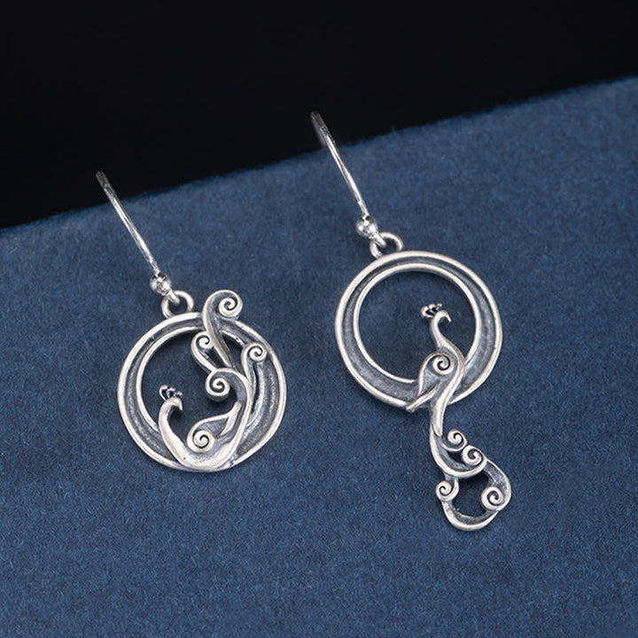 Buddha Stones 925 Sterling Silver Round Asymmetry Peacock Fortune Earrings - image 6