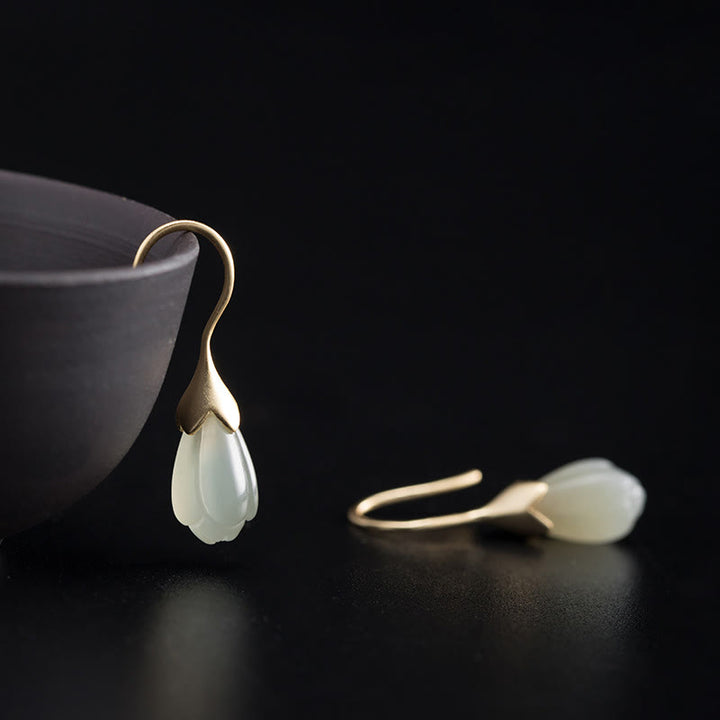 Buddha Stones 925 Sterling Silver Hetian Jade Magnolia Abundance Drop Earrings - 925 Sterling Silver - image 0