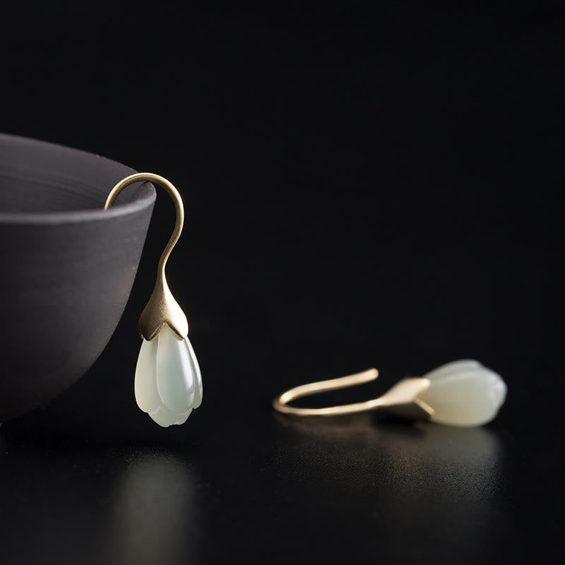 Buddha Stones 925 Sterling Silver Hetian Jade Magnolia Abundance Drop Earrings - 925 Sterling Silver - image 0