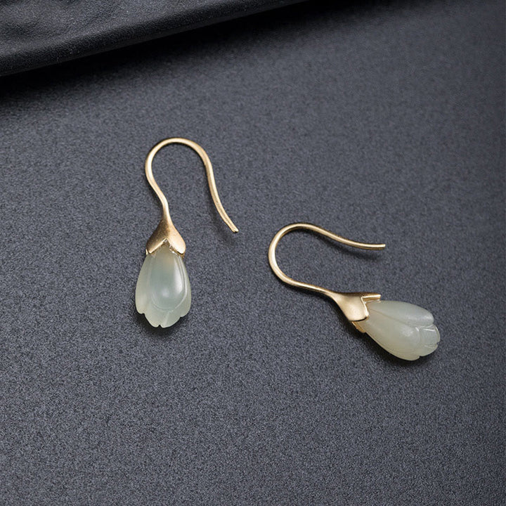 Buddha Stones 925 Sterling Silver Hetian Jade Magnolia Abundance Drop Earrings - image 4