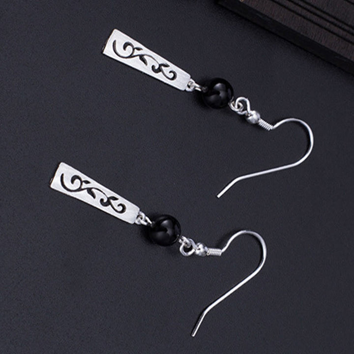 Buddha Stones 925 Sterling Silver Black Onyx Hollow Vine Protection Drop Earrings - image 2