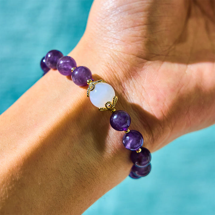 Buddha Stones Natural Amethyst Strawberry Quartz Peace Lock Charm Positive Bracelet - image 2
