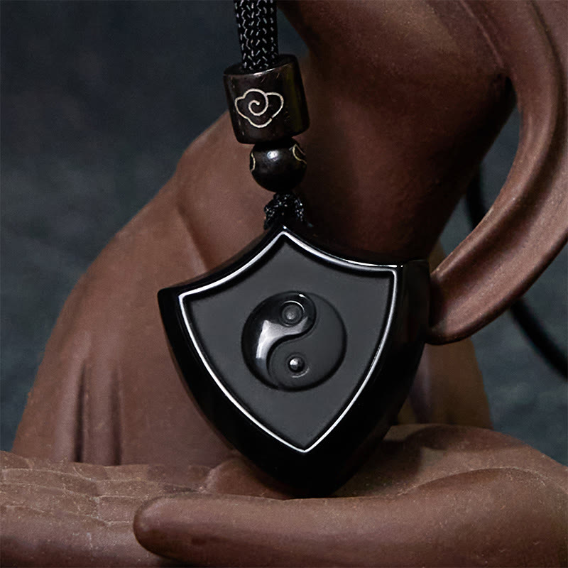 Buddha Stones Black Obsidian Shield Pattern Yin Yang Symbol Strength Necklace Pendant - image 2