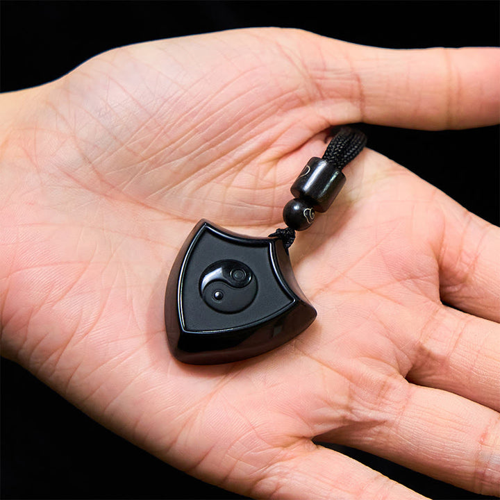 Buddha Stones Black Obsidian Shield Pattern Yin Yang Symbol Strength Necklace Pendant - image 5