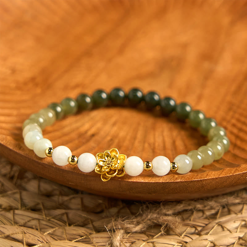 Buddha Stones Natural Hetian Jade Gradient Lotus Abundance Bracelet - Jade(Wrist Circumference15-16cm) - image 0