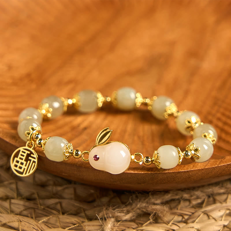 Buddha Stones Natural Hetian Jade Fu Character Fu Brand Rabbit Abundance Bracelet - Jade(Wrist Circumference15-16cm) - image 0