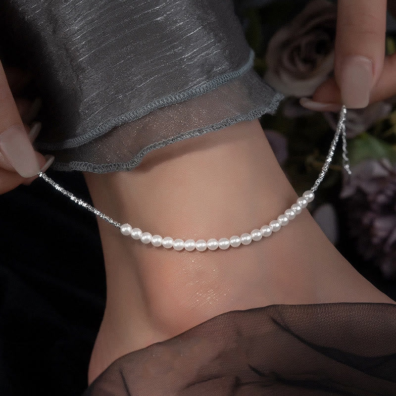 Buddha Stones 925 Sterling Silver Pearl Beads Protection Anklet - 4mm Pearl Anklet(Circumference:25-30cm) - image 0