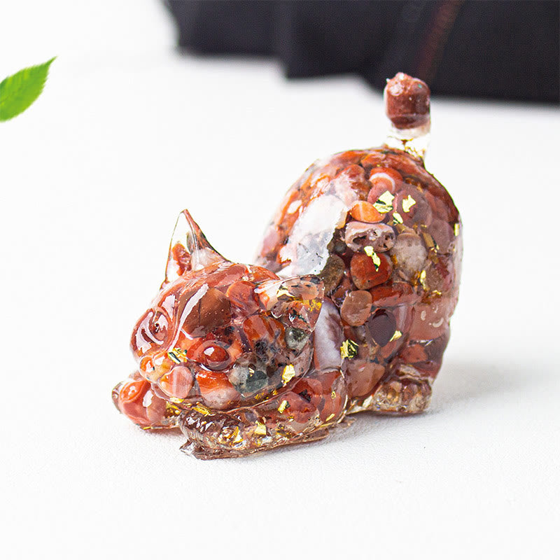 Buddha Stones Stretching Cat Resin Crystal Gravel Meditation Decoration - Red Agate - 4.5*3*4.2cm - image 23