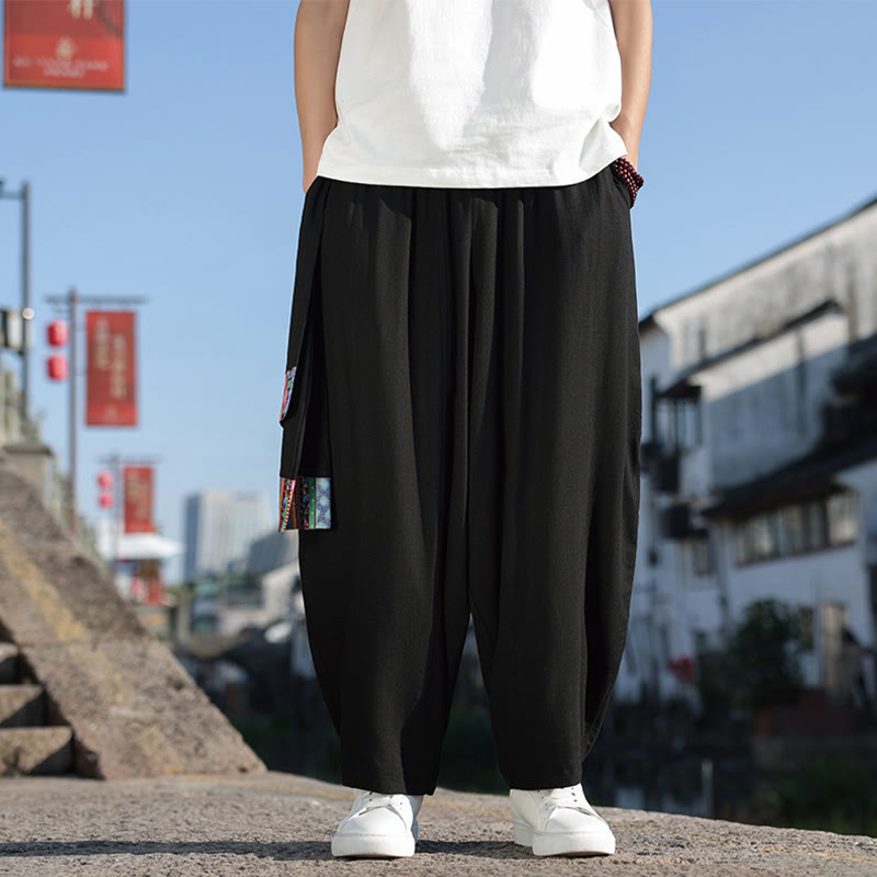 Buddha Stones Simple Patchwork Design Drawstring Cotton Men's Wide Leg Pants With Pockets - Black - US/UK/AU46，EU56 (5XL) - image 0