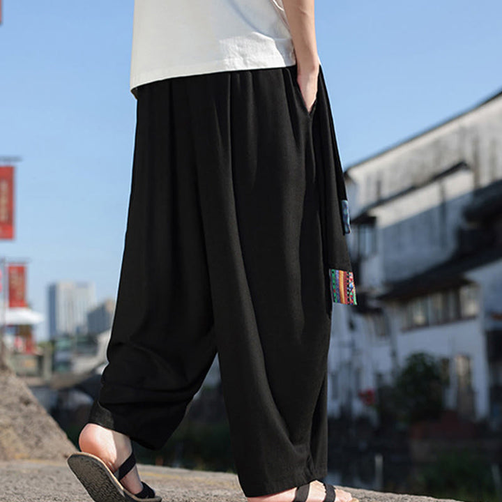 Buddha Stones Simple Patchwork Design Drawstring Soft Cotton Men's Wide Leg Pants With Pockets - image 20