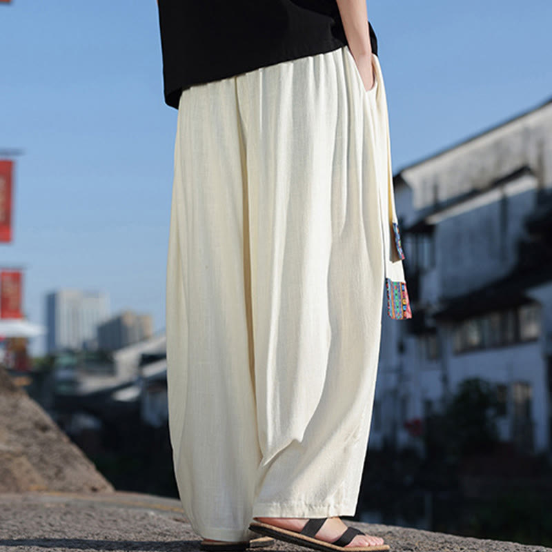 Buddha Stones Simple Patchwork Design Drawstring Soft Cotton Men's Wide Leg Pants With Pockets - image 2
