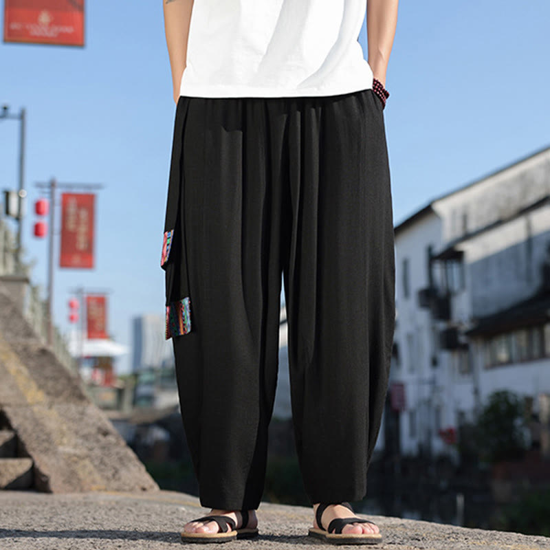 Buddha Stones Simple Patchwork Design Drawstring Soft Cotton Men's Wide Leg Pants With Pockets - image 18