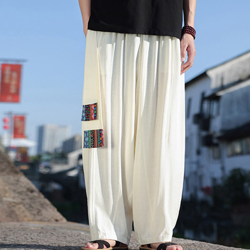 Buddha Stones Simple Patchwork Design Drawstring Soft Cotton Men's Wide Leg Pants With Pockets - image 1