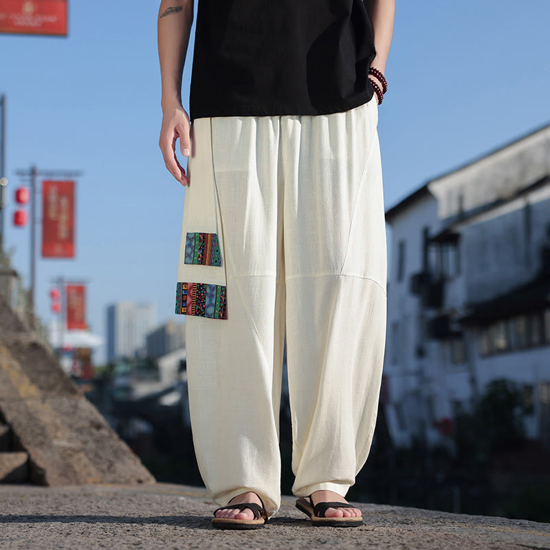 Buddha Stones Simple Patchwork Design Drawstring Soft Cotton Men's Wide Leg Pants With Pockets - Beige - US/UK/AU46，EU56 (5XL) - image 0