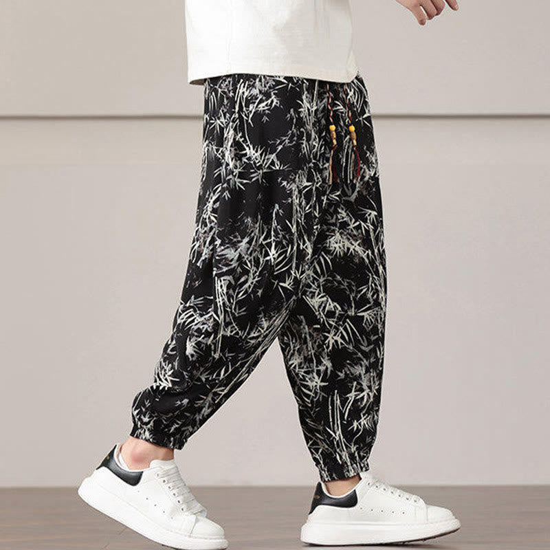 Buddha Stones Bamboo Leaf Pattern Drawstring Men's Harem Pants With Pockets - image 16