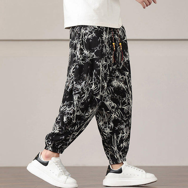 Buddha Stones Bamboo Leaf Pattern Drawstring Men's Harem Pants With Pockets - image 16