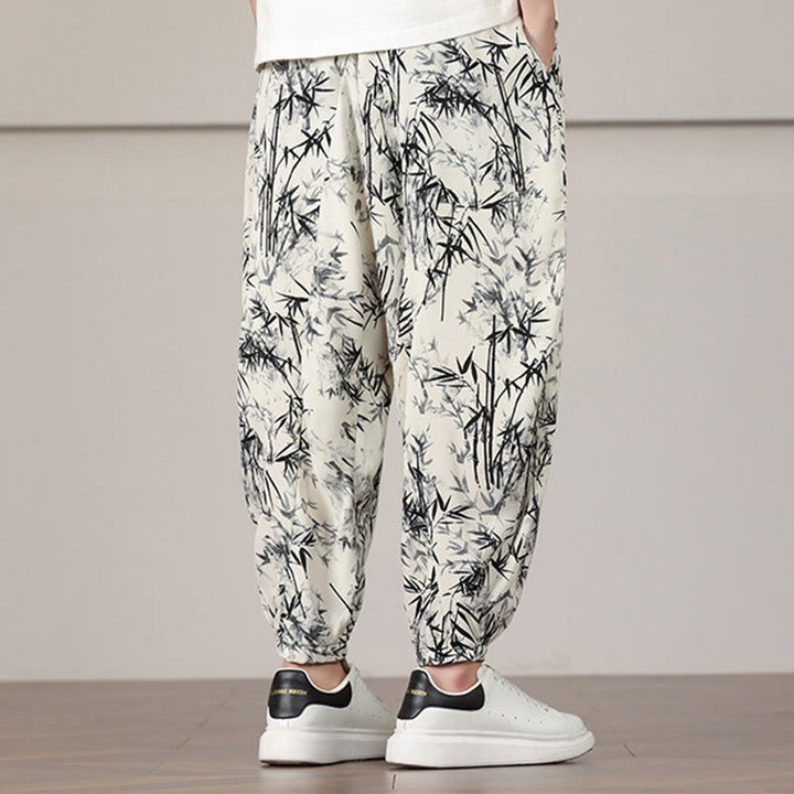 Buddha Stones Bamboo Leaf Pattern Drawstring Men's Harem Pants With Pockets - image 5