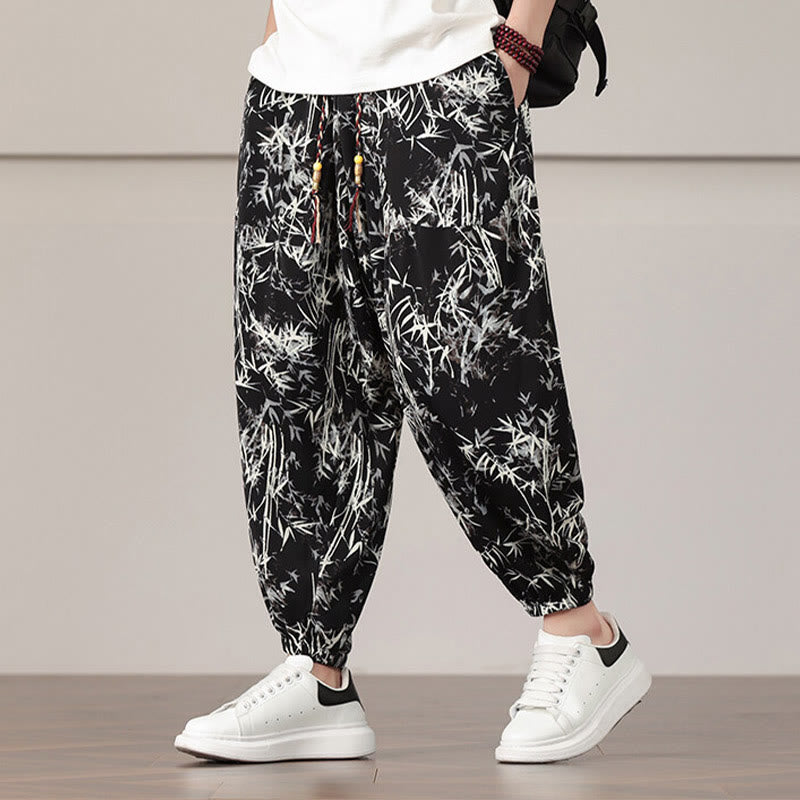 Buddha Stones Bamboo Leaf Pattern Drawstring Men's Harem Pants With Pockets - image 11