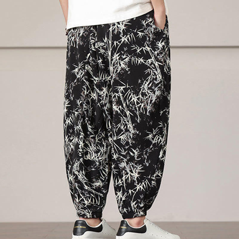 Buddha Stones Bamboo Leaf Pattern Drawstring Men's Harem Pants With Pockets - image 13