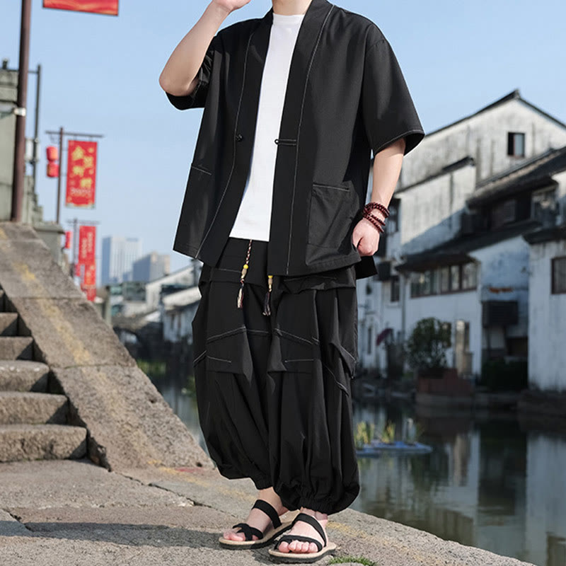 Buddha Stones 2Pcs Black Frog-Button Cotton Men's Kimono Jacket Drawstring Wide Leg Pants With Pockets - image 1