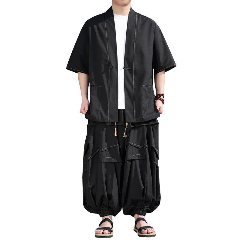 Buddha Stones 2Pcs Black Frog-Button Cotton Men's Kimono Jacket Drawstring Wide Leg Pants With Pockets - image 5