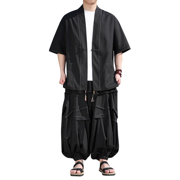 Buddha Stones 2Pcs Black Frog-Button Cotton Men's Kimono Jacket Drawstring Wide Leg Pants With Pockets - image 5