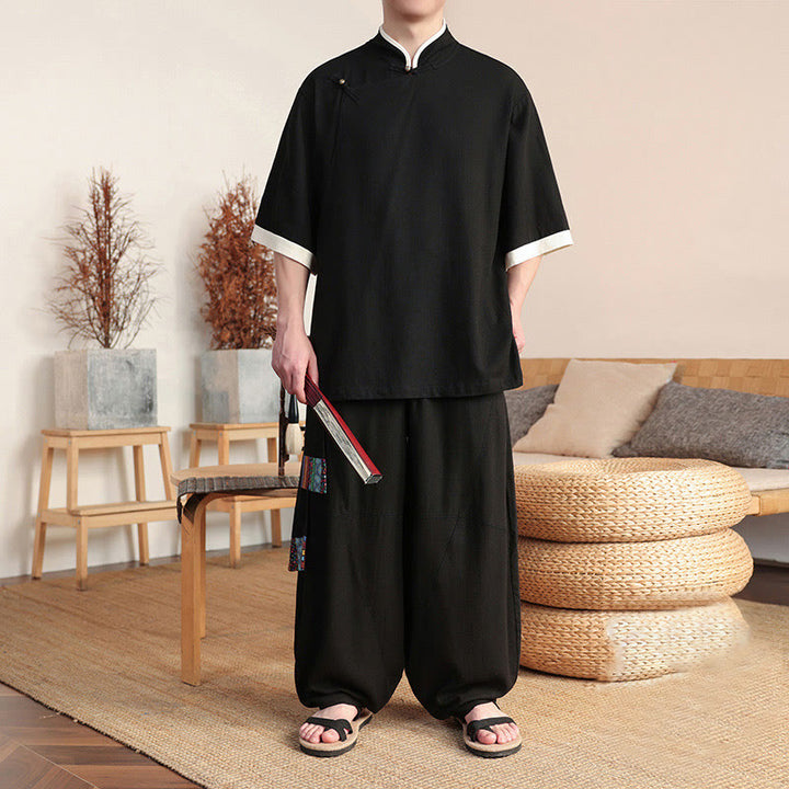 Buddha Stones 2Pcs Chinese Frog-button Men's Shirt Wide Leg Pants Meditation Cloth Set - image 4