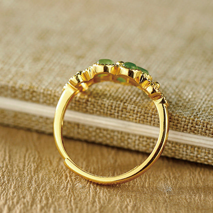 Buddha Stones Natural Hetian Jade 925 Sterling Silver Plated Gold Flower Adjustable Prosperity Ring - image 8
