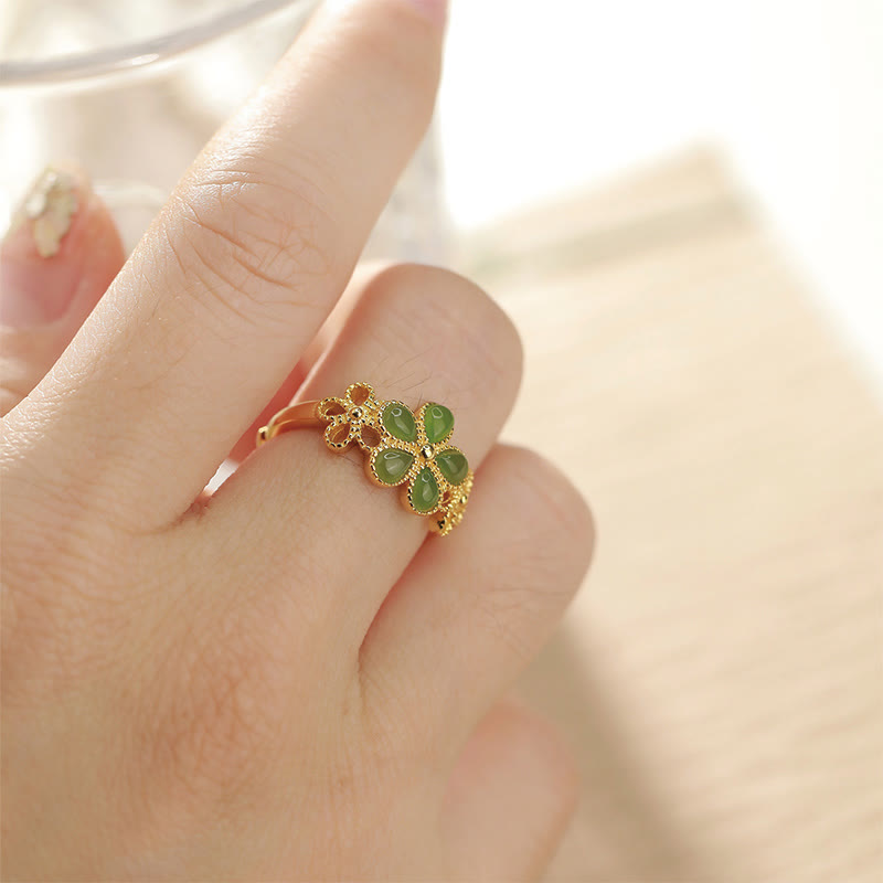 Buddha Stones Natural Hetian Jade 925 Sterling Silver Plated Gold Flower Adjustable Prosperity Ring - image 4