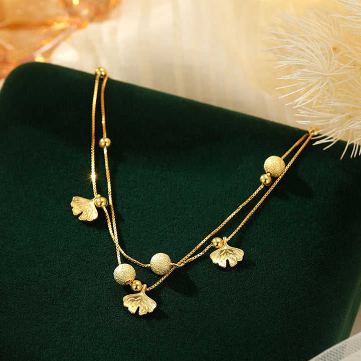 Buddha Stones 925 Sterling Silver Ginkgo Leaf Double Layer Protection Anklet - Golden Anklet(Circumference 25cm) - image 9