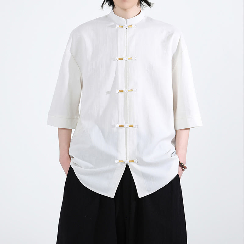 Buddha Stones Pure Color Frog-Button Half Sleeve Linen Men's Shirt - White - US/UK/AU46，EU56 (5XL) - image 0