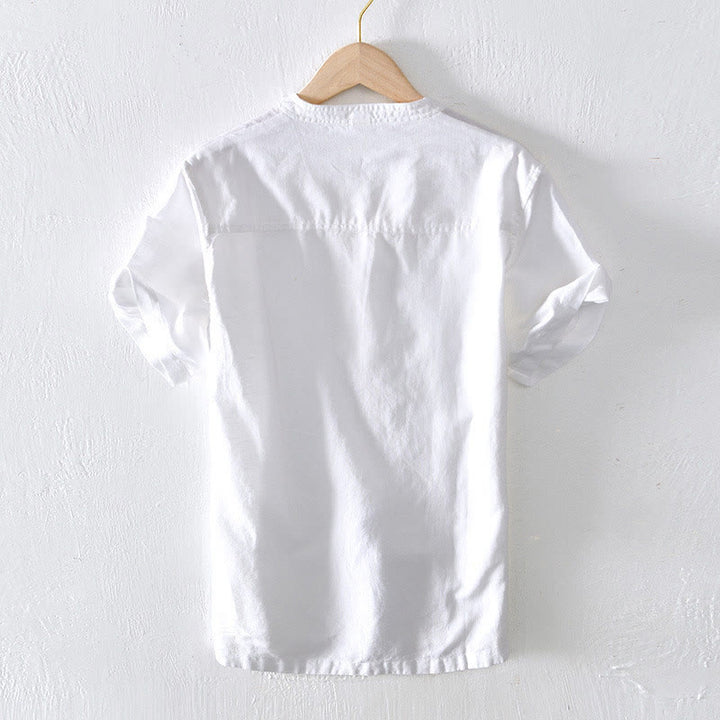 Buddha Stones Summer Stand Collar Short Sleeve Cotton Linen Half Button Men's Shirt - image 7